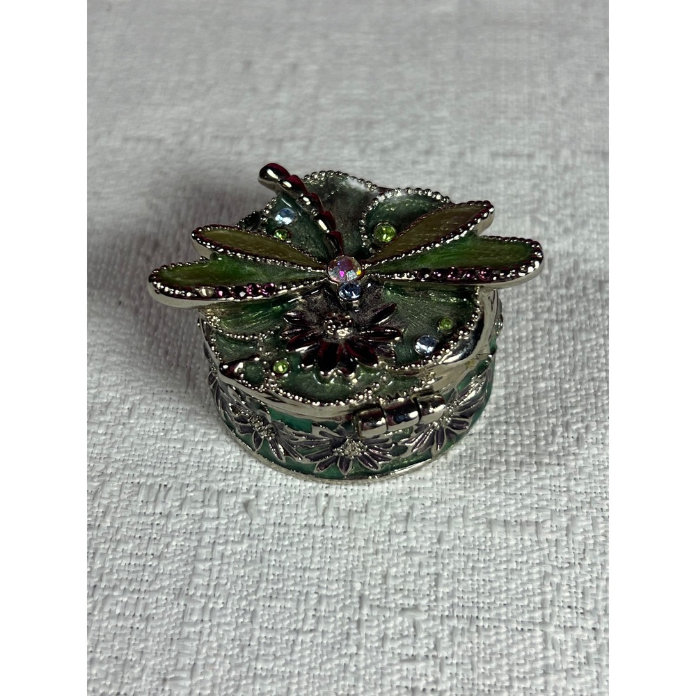 Monet Dragonfly Trinket Box Enamel Rhinestone Hinged Collectible Green Purple